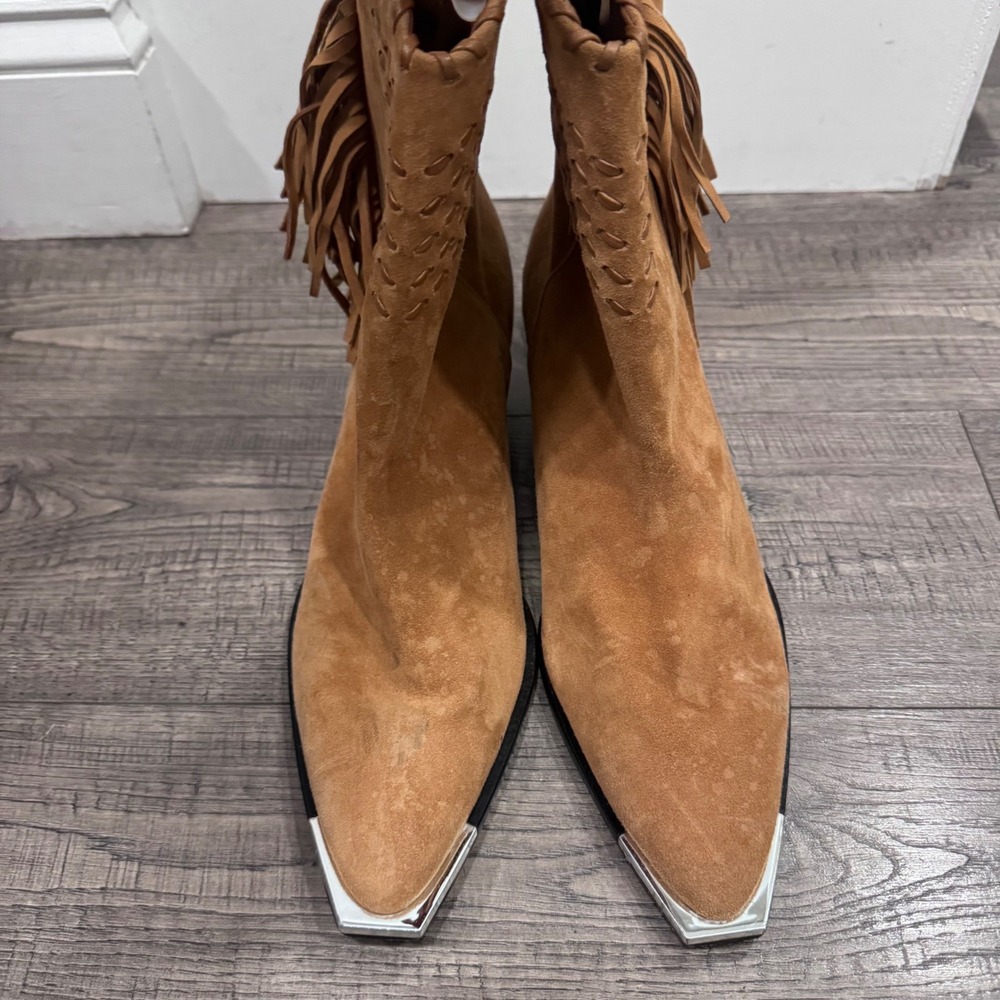 Schutz Tan Suede Western Fringe Ankle Boots Metal Toe Detail 9.5B Made in Brazil
